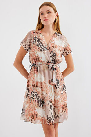 leyla sanat sanata yeni bir bakış açısı 2502 Kısa Kol Desenli Şifon Elbise - Bej