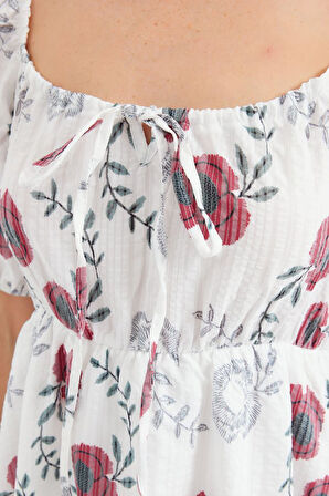 leyla sanat sanata yeni bir bakış açısı 2508 Desenli Mini Kloş Elbise - Ekru