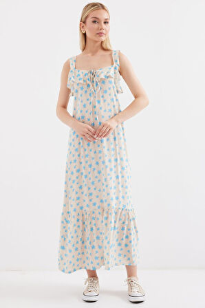 leyla sanat sanata yeni bir bakış açısı 2237 Desenli Askılı Viskon Elbise - Mavi