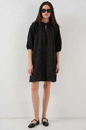 leyla sanat sanata yeni bir bakış açısı Desenli Kısa Elbise 2528 - Siyah