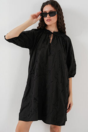 leyla sanat sanata yeni bir bakış açısı Desenli Kısa Elbise 2528 - Siyah