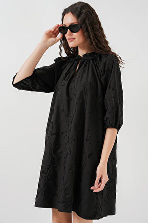 leyla sanat sanata yeni bir bakış açısı Desenli Kısa Elbise 2528 - Siyah