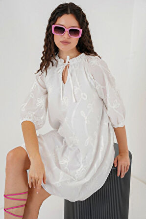 leyla sanat sanata yeni bir bakış açısı Desenli Kısa Elbise 2528 - Beyaz