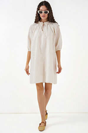 leyla sanat sanata yeni bir bakış açısı Desenli Kısa Elbise 2528 - Krem