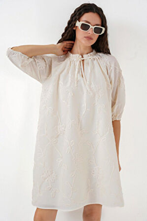 leyla sanat sanata yeni bir bakış açısı Desenli Kısa Elbise 2528 - Krem