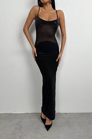 leyla sanat sanata yeni bir bakış açısı Tül Garnili Payetli Maxi Elbise