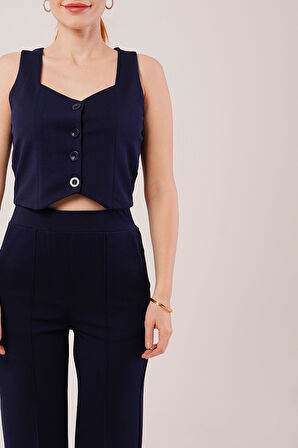 leyla sanat sanata yeni bir bakış açısı Kalın Askılı Düğmeli Yelek Ve Pantolon Lacivert Takım