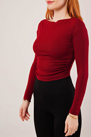 leyla sanat sanata yeni bir bakış açısı Yaka Detay Uzun Kollu Basic Bordo Bluz