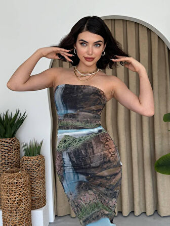 leyla sanat sanata yeni bir bakış açısı Mountain Straplez Tül Elbise