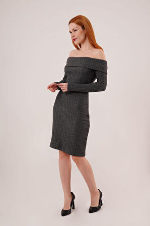 leyla sanat sanata yeni bir bakış açısı Madonna Yaka Fitilli Antrasit Triko Elbise