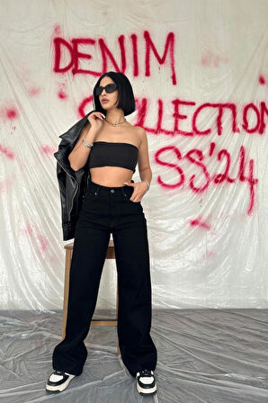 leyla sanat sanata yeni bir bakış açısı Siyah Yüksek Bel Ve Geniş Paça Jeans Pantolon