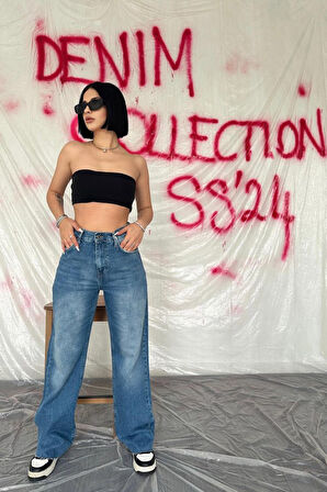 leyla sanat sanata yeni bir bakış açısı Mavi Yüksek Bel Ve Geniş Paça Jeans Pantolon