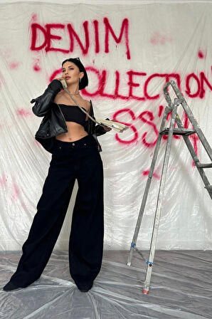 leyla sanat sanata yeni bir bakış açısı Siyah Geniş Paça Jeans Pantolon