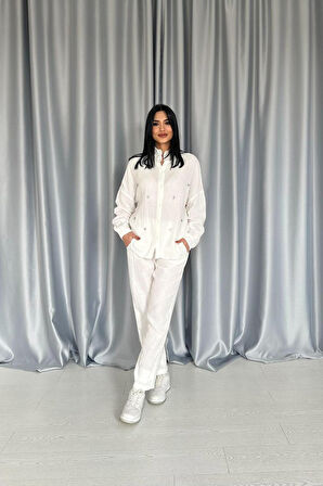 leyla sanat sanata yeni bir bakış açısı Beyaz 3 Taş Motifli Gömlek Ve Pantolon Takım