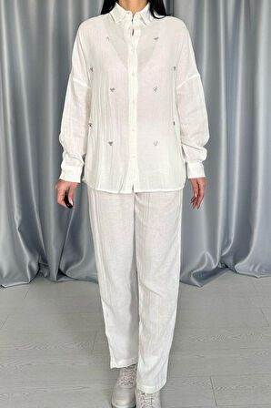 leyla sanat sanata yeni bir bakış açısı Beyaz 3 Taş Motifli Gömlek Ve Pantolon Takım
