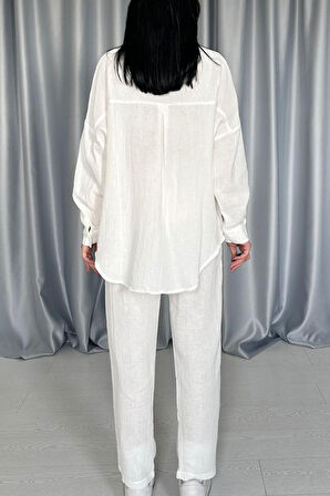 leyla sanat sanata yeni bir bakış açısı Beyaz 3 Taş Motifli Gömlek Ve Pantolon Takım