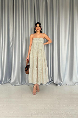 leyla sanat sanata yeni bir bakış açısı Yeşil Askılı Parçalı Çizgili Müslin Elbise