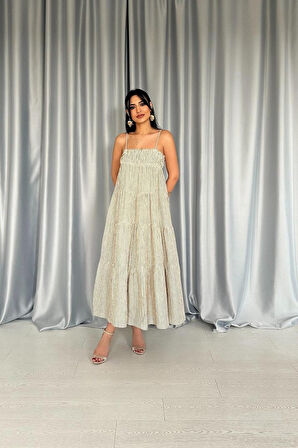 leyla sanat sanata yeni bir bakış açısı Yeşil Askılı Parçalı Çizgili Müslin Elbise