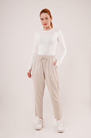 leyla sanat sanata yeni bir bakış açısı Bağlama Detaylı Cepli Krem Pantolon