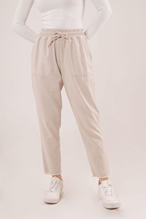 leyla sanat sanata yeni bir bakış açısı Bağlama Detaylı Cepli Krem Pantolon