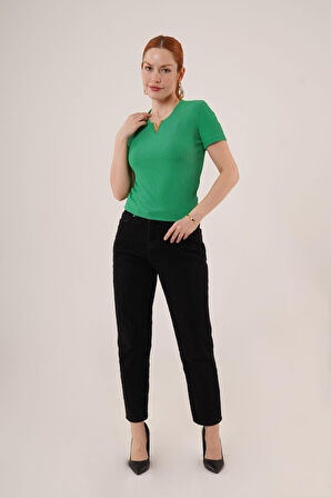 leyla sanat sanata yeni bir bakış açısı Kısa Kollu Yaka Detaylı Kaşkorse Yeşil Bluz