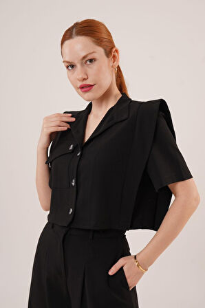 leyla sanat sanata yeni bir bakış açısı Cepli Düğmeli Bluz Ve Diz Detaylı Pantolon Siyah İkili Takım