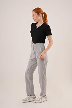 leyla sanat sanata yeni bir bakış açısı Çift Pens Detaylı Gri Pantolon