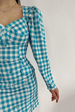 leyla sanat sanata yeni bir bakış açısı Mavi Kareli Göğüş Kuplu Elbise