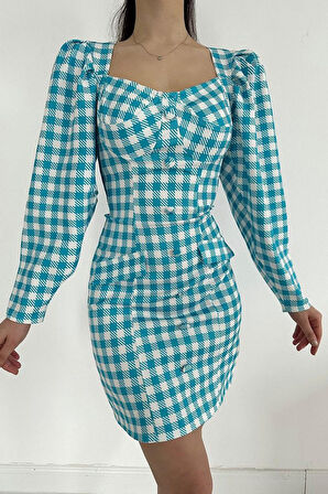 leyla sanat sanata yeni bir bakış açısı Mavi Kareli Göğüş Kuplu Elbise