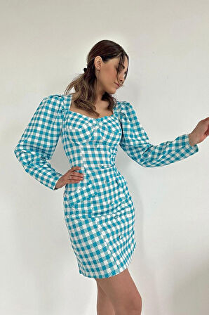 leyla sanat sanata yeni bir bakış açısı Mavi Kareli Göğüş Kuplu Elbise