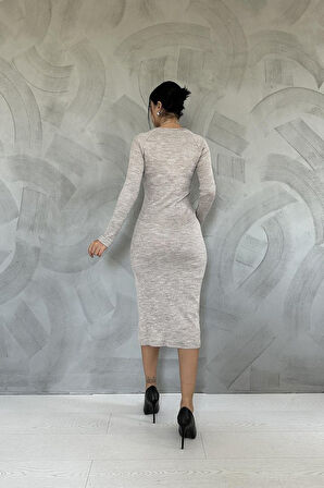 leyla sanat sanata yeni bir bakış açısı Bej Eteği Yırtmaçlı Triko Elbise