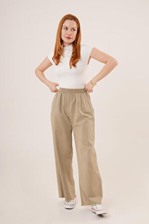 leyla sanat sanata yeni bir bakış açısı Bel Lastikli Paça Detaylı Cepli Haki Pantolon