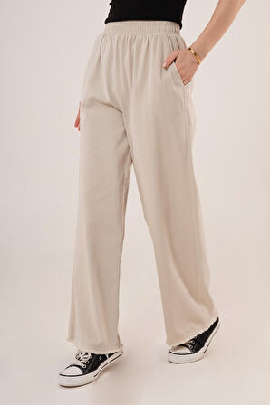 leyla sanat sanata yeni bir bakış açısı Bel Lastikli Paça Detaylı Cepli Krem Pantolon