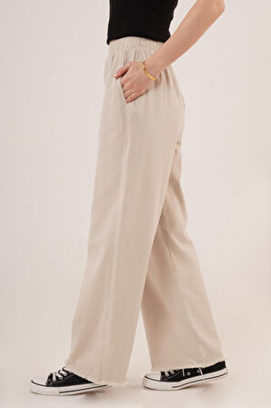 leyla sanat sanata yeni bir bakış açısı Bel Lastikli Paça Detaylı Cepli Krem Pantolon