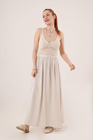 leyla sanat sanata yeni bir bakış açısı Ajurlu Askılı Belden Oturtmalı Maxi Krem Elbise