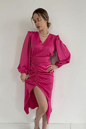 leyla sanat sanata yeni bir bakış açısı Fuşya V Yaka Saten Elbise