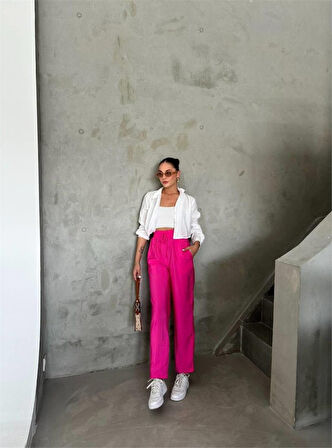 leyla sanat sanata yeni bir bakış açısı BEL LASTİK DETAYLI MODAL KUMAŞ PANTOLON - Fuşya