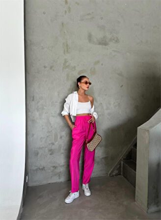 leyla sanat sanata yeni bir bakış açısı BEL LASTİK DETAYLI MODAL KUMAŞ PANTOLON - Fuşya