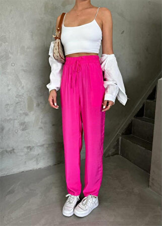 leyla sanat sanata yeni bir bakış açısı BEL LASTİK DETAYLI MODAL KUMAŞ PANTOLON - Fuşya