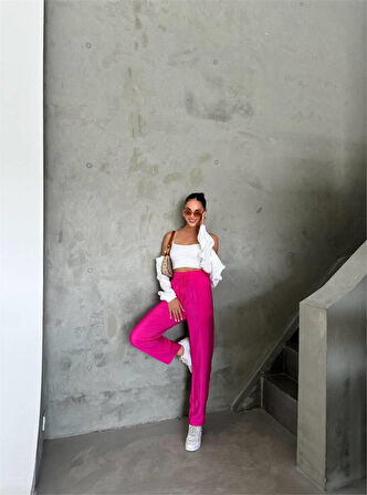 leyla sanat sanata yeni bir bakış açısı BEL LASTİK DETAYLI MODAL KUMAŞ PANTOLON - Fuşya