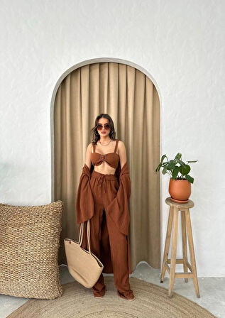 leyla sanat sanata yeni bir bakış açısı KRINKILL BÜSTİYER-PANTOLON-KİMONO TAKIM - Kahverengi
