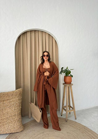 leyla sanat sanata yeni bir bakış açısı KRINKILL BÜSTİYER-PANTOLON-KİMONO TAKIM - Kahverengi