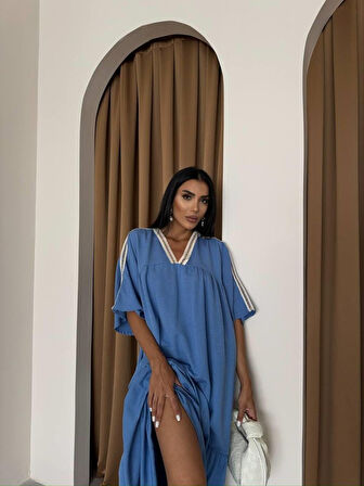 leyla sanat sanata yeni bir bakış açısı YAKA-KOL HASIR BİYE ŞERİTLİ KETEN SALAŞ ELBİSE - Mavi