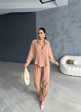leyla sanat sanata yeni bir bakış açısı OMUZ SAÇAK DENİZ KABUĞU GÖMLEK - PANTOLON TAKIM - Bej