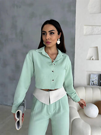 leyla sanat sanata yeni bir bakış açısı KETEN GÖMLEK-CROP-SALAŞ PANTOLON TAKIM - Mint