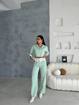 leyla sanat sanata yeni bir bakış açısı KETEN GÖMLEK-CROP-SALAŞ PANTOLON TAKIM - Mint