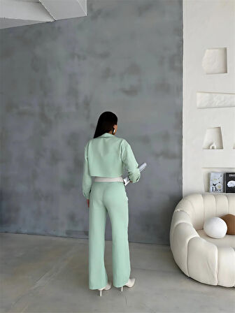 leyla sanat sanata yeni bir bakış açısı KETEN GÖMLEK-CROP-SALAŞ PANTOLON TAKIM - Mint