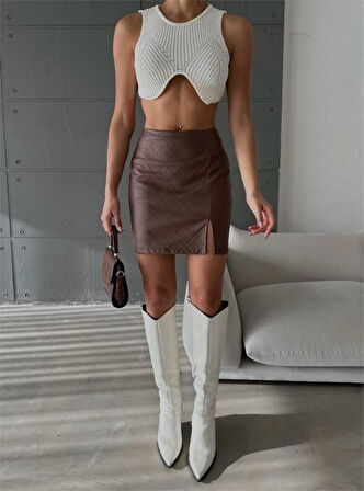 leyla sanat sanata yeni bir bakış açısı KAPİTONE DERİ ETEK YIRTMAÇLI - Kahverengi