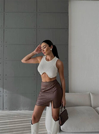 leyla sanat sanata yeni bir bakış açısı KAPİTONE DERİ ETEK YIRTMAÇLI - Kahverengi