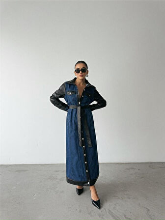 leyla sanat sanata yeni bir bakış açısı KOT ELBİSE UZUN ÖNDEN DÜĞMELİ - Mavi